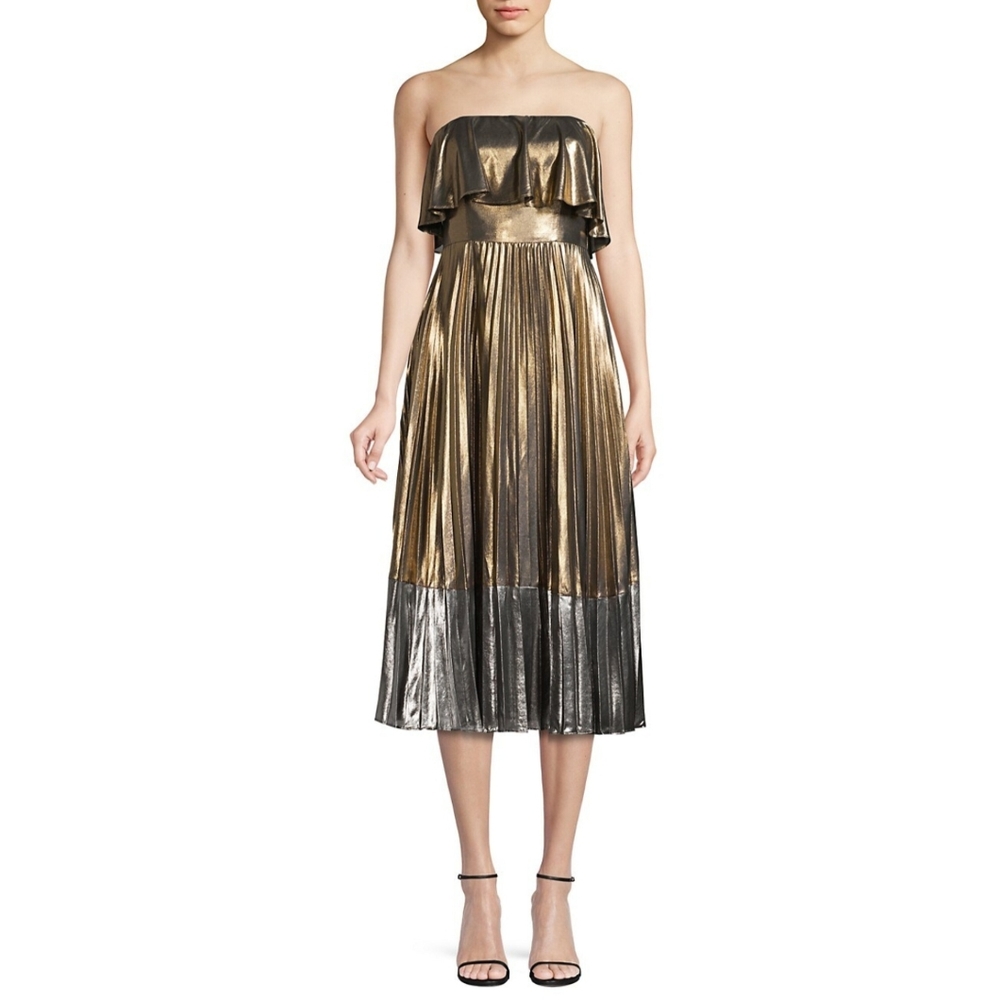 🔥Aidan Mattox Metallic Pleated Gold + Silver MIdi Dress